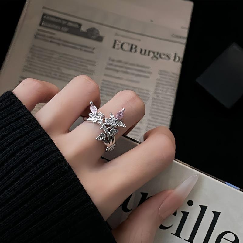Pink Zircon Series High-End Light Luxury Sweet Cool Wind Opening Ring Niche Design Stacking Love Personalized Ring