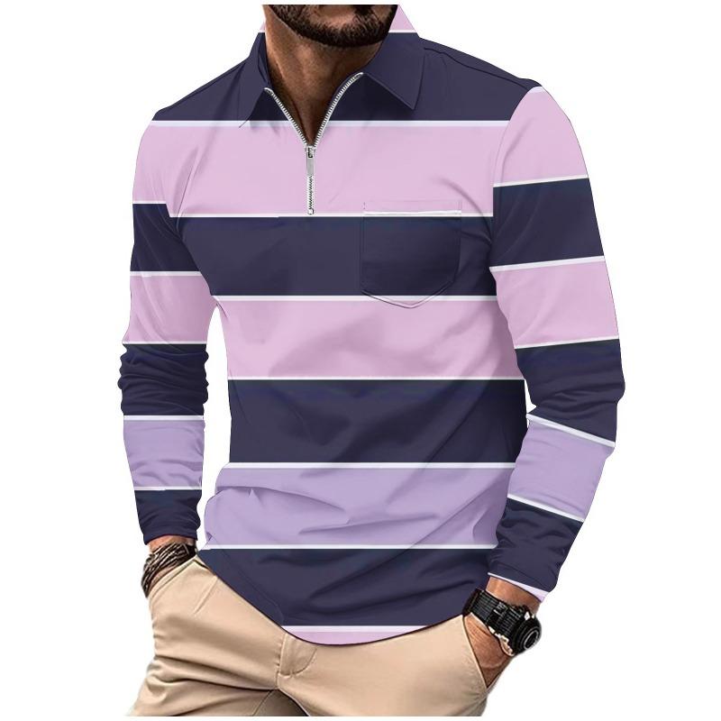 Men's Printed Polo Shirt with Zipper Pocket Sports Long Sleeved Polo Shirt