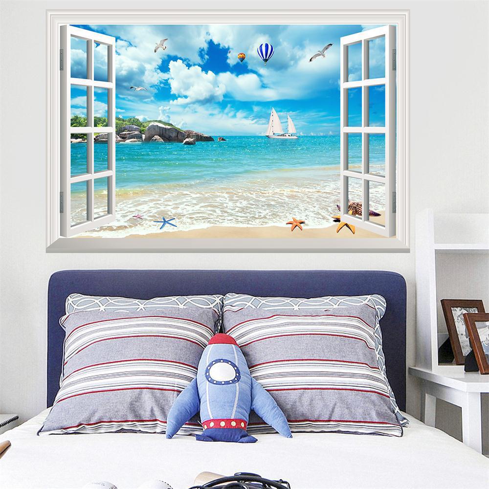 57*90cm 3D Plážový Racek Horkovzdušný Balón Falešné Okno Nástěnná Malba Obývací Pokoj Ložnice Odnímatelná Nástěnná Samolepka Hoom Dekor