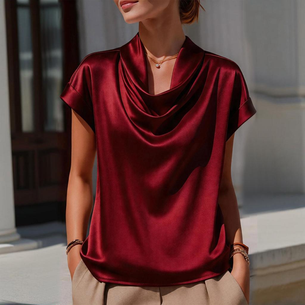 Damen Kurzarmblusen Satin Schalkragen Design Kurzarmblusen für Damen Lockerer Schnitt Damen Kurzarmoberteile für den täglichen Gebrauch