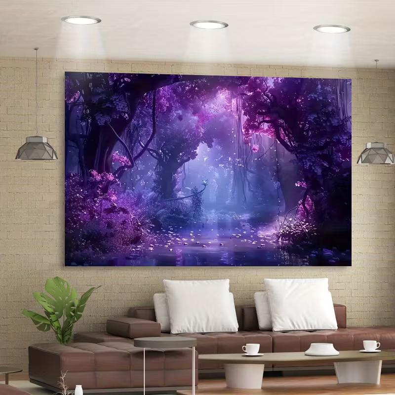 2D Dreamy Purple Forest Tapestry, Magical Fantasy Landscape Background Cloth