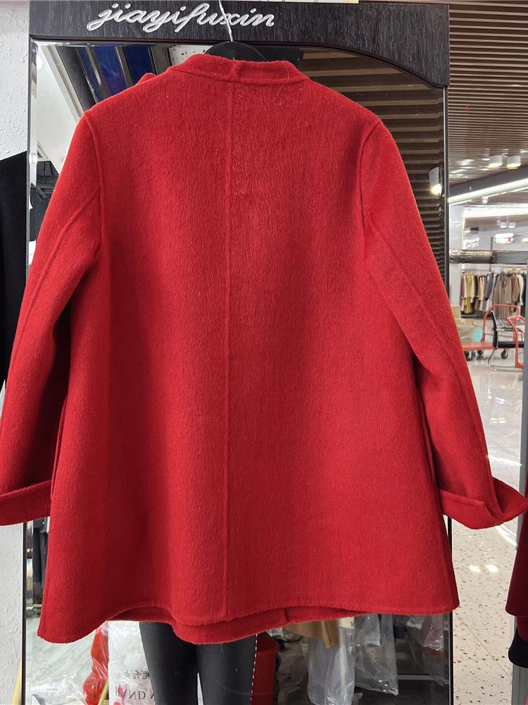 Women's Red Bow Ribbon Cashmere Coat - French Sweet Rich Girl Style, Double-Sided Woolen Petite Coat for New Year