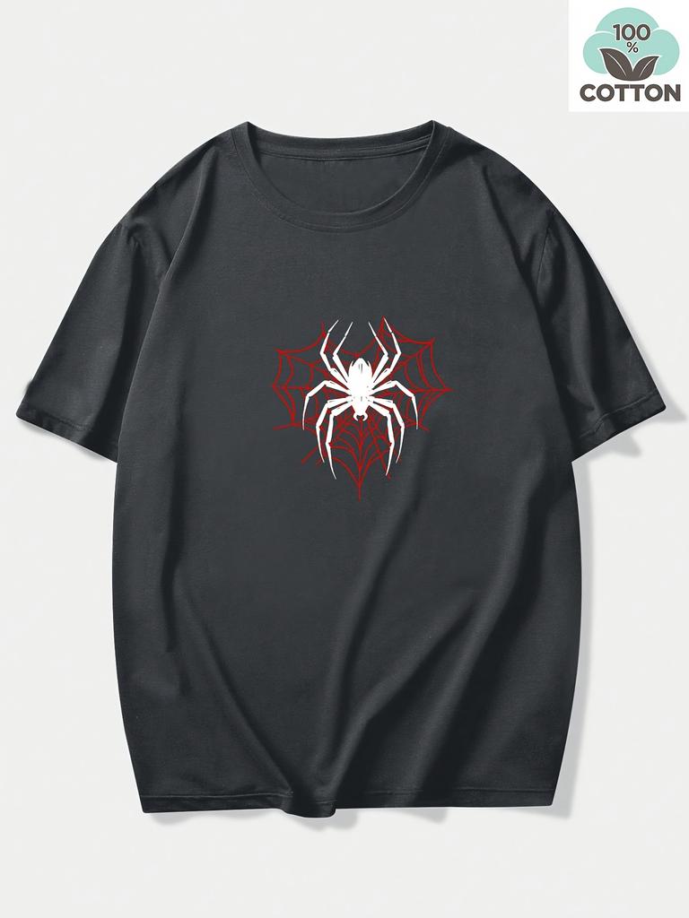 Mens Cotton TShirt Red Spider Web with Black Spider Print Casual Crew Neck Short Sleeve Summer TShirt
