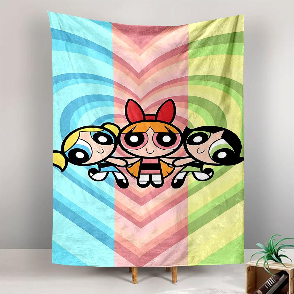 Powerpuff Girls Blossom Bubbles Buttercup Pastel Rainbow Hearts Cartoon Wall Tapestry Cute Decor for Kids Room