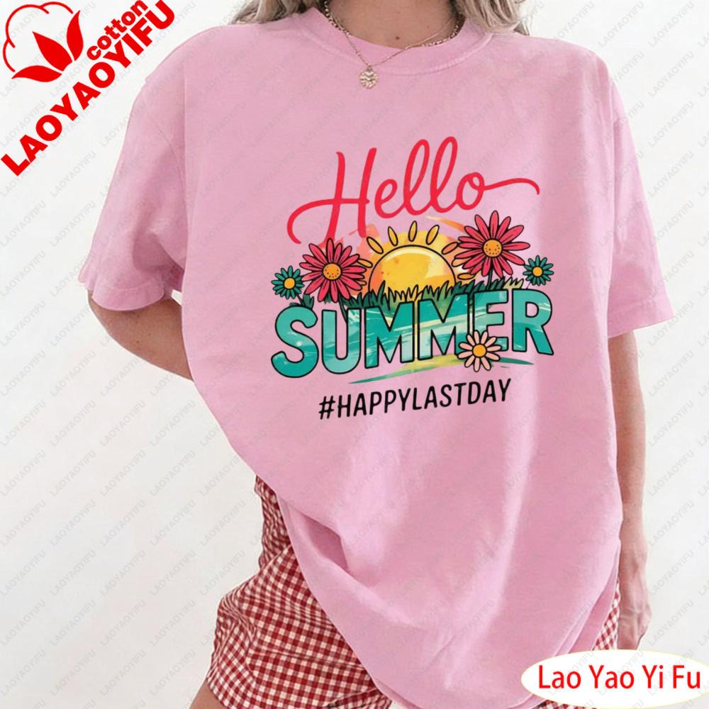 Hello Summer Happy Last Day of School Teacher Student TShirt Lifestyle Enthusiast Tops Colorful Flower Prints Clothes