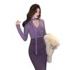 Purple Polka Dot V-Neck Two-Piece Long Dress with Cinched Waist and Slim Fit