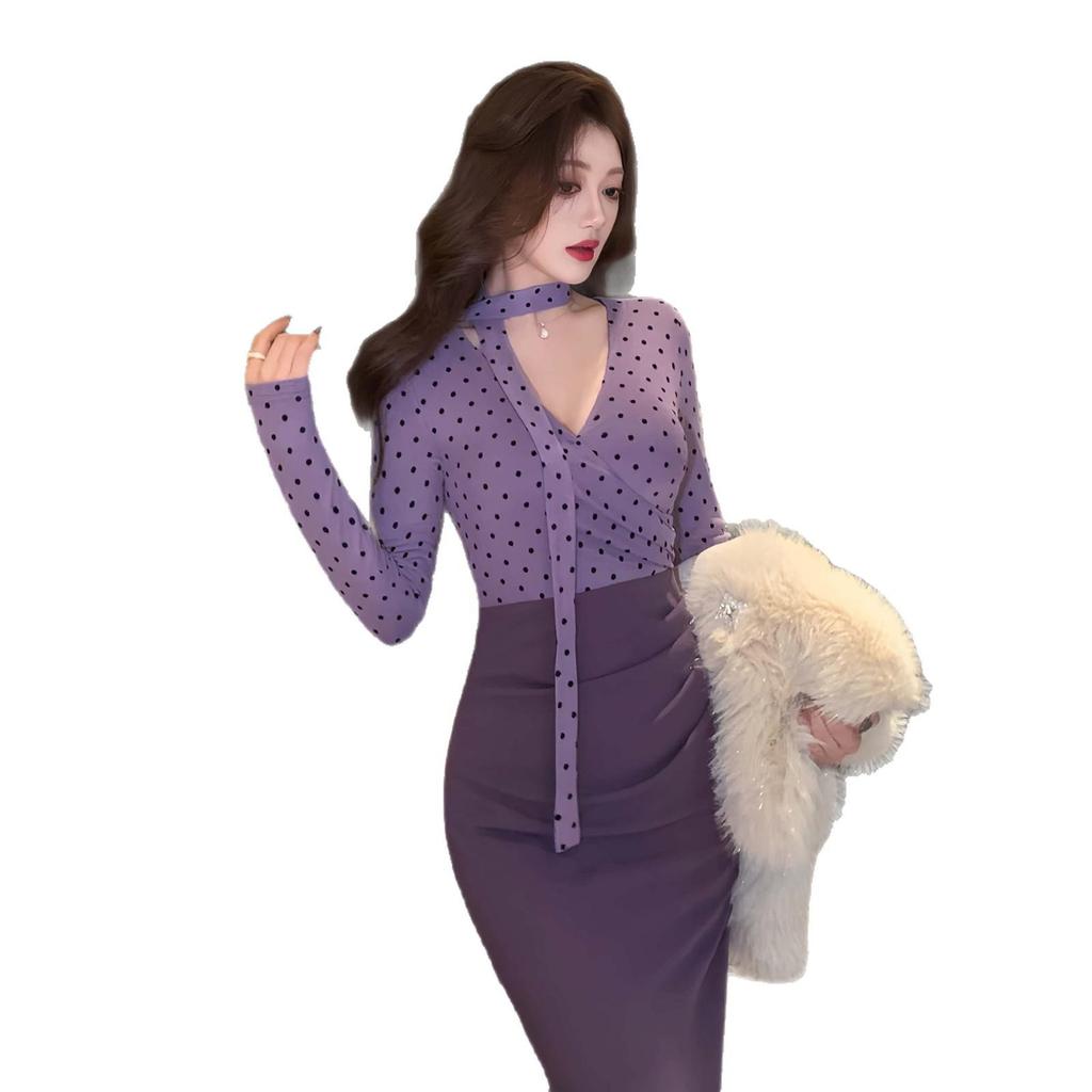Purple Polka Dot V-Neck Two-Piece Long Dress with Cinched Waist and Slim Fit