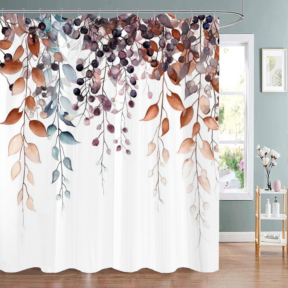 Modern Plants and Leaves Shower Curtain, Botanical Leaf Bathroom Decor Shower Curtain, Waterproof Shower Curtain with Hooks