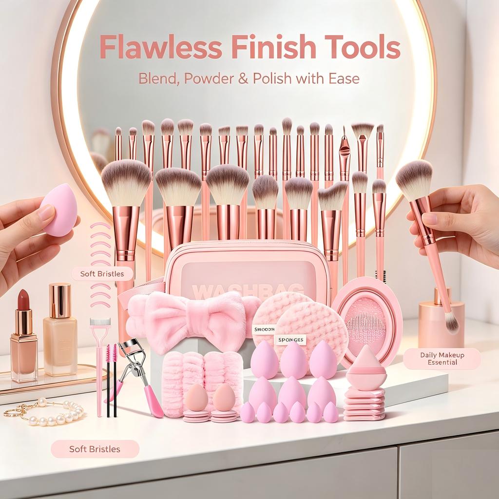 Set Regalo Pennelli Trucco Personalizzato 70 Pezzi, Kit di Pulizia, Beauty Case, Fascia per Capelli, Cinturino da Polso, Spugnetta, Piegaciglia,