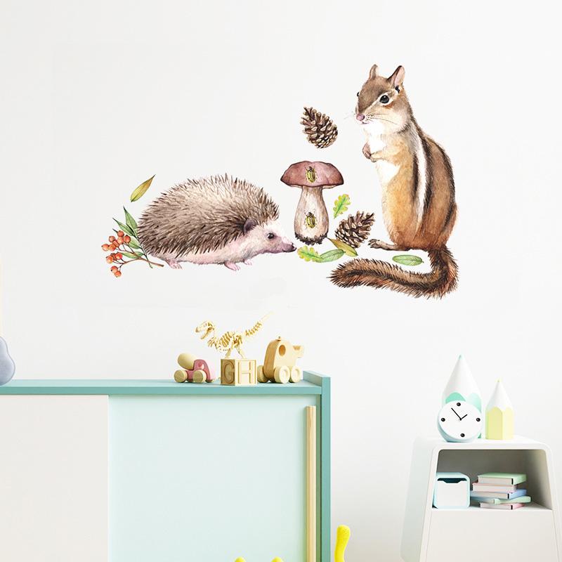 Cartoon Squirrel Hedgehog Wall Sticker For Kids Room Bedroom Decoration Mural Wallpaper Home Decor Nursery Cute Animals Stickers