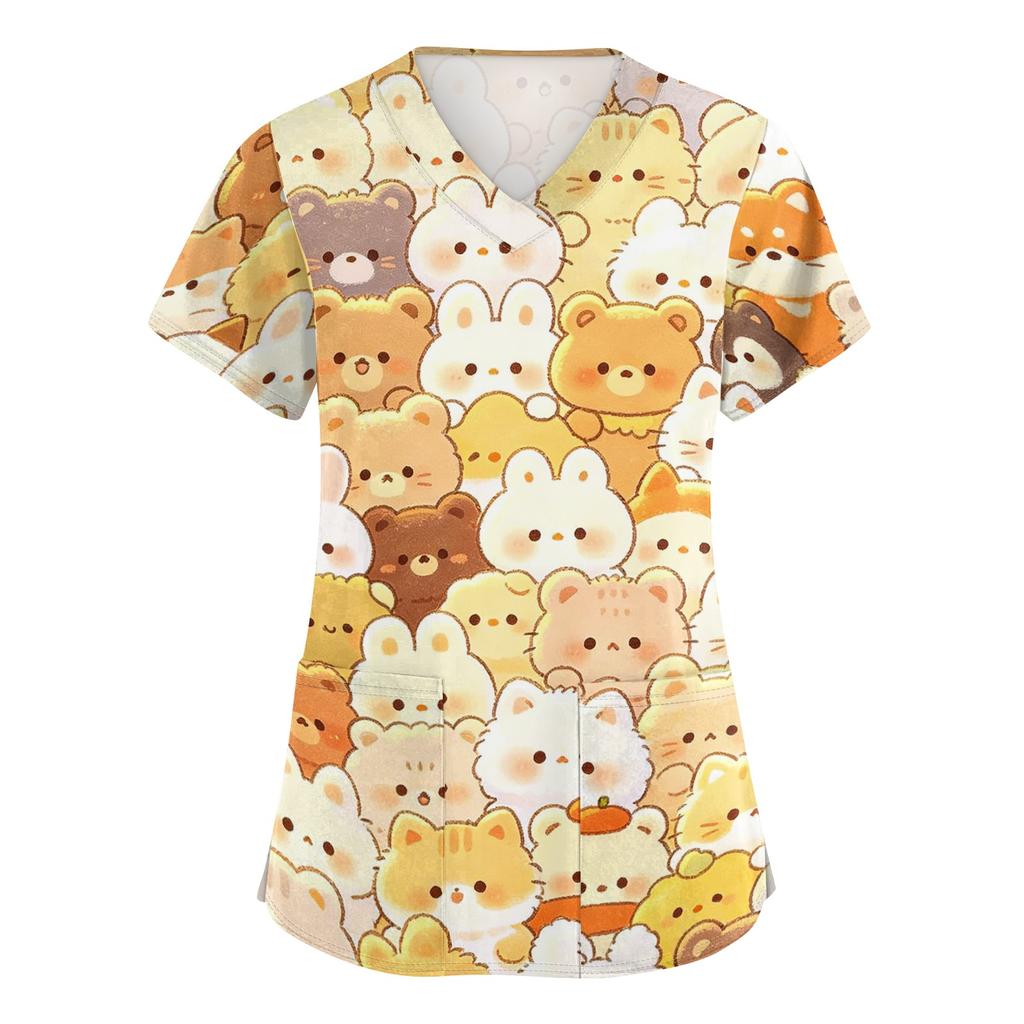 Women's V Neck Short Sleeve Work Shirt with Pockets Animal Print Top Medical Uniform Scrub Tee for Healthcare Professionals