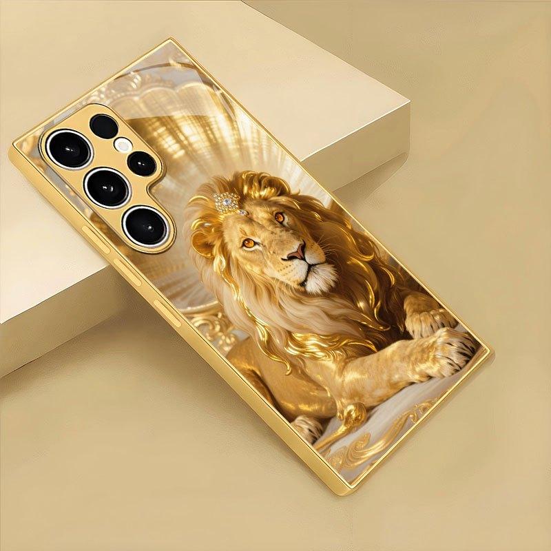 Wunderschöne goldene Löwenkönig gemusterte Glas-Handyhülle geeignet für Samsung Galaxy S26 S25 S24 S22 S21 S20 FE/Ultra/Plus Hartschale