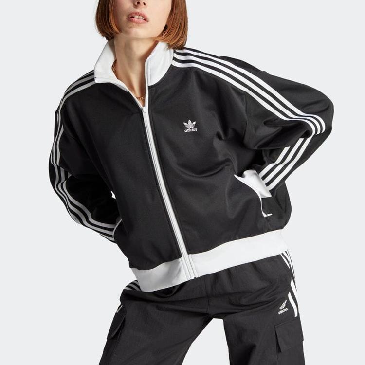 Adidas Originals Adicolor Three-Stripe Color Block Loose Fit Stand Collar Long Sleeve Jacket Women Jackets Black IK0430