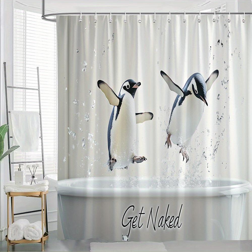 

1pc Animated Penguins Jumping into Sink Shower Curtain - Playful Get Naked Text, Black & White Illustration, Durable Polyester 90x180cm35x71in