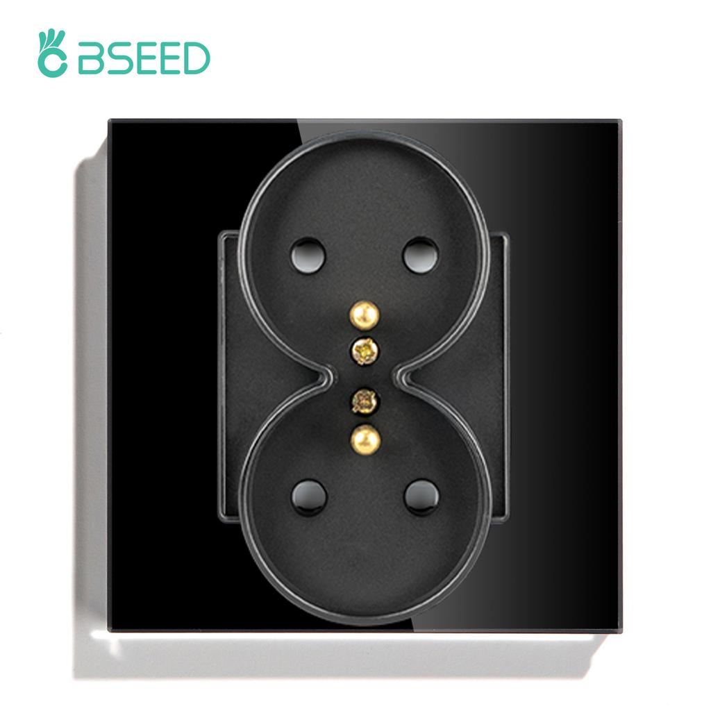 BSEED French Standard Single Wall Power Sockets Double Sockets Dual Electrical Outlets Glass Panel Children Protection 16A