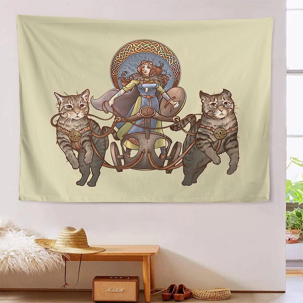 Nordic Mythology Freya Cat Chariot Tapestry Vintage Celtic Knot Goddess and Cat Printed Hanging Cloth Room Decoration