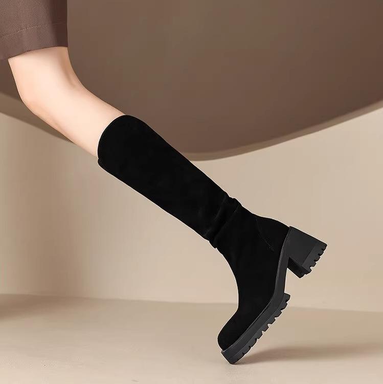 2025 autumn and winter new platform boots women's pleated piled boots retro thick high heels but knee knight boots