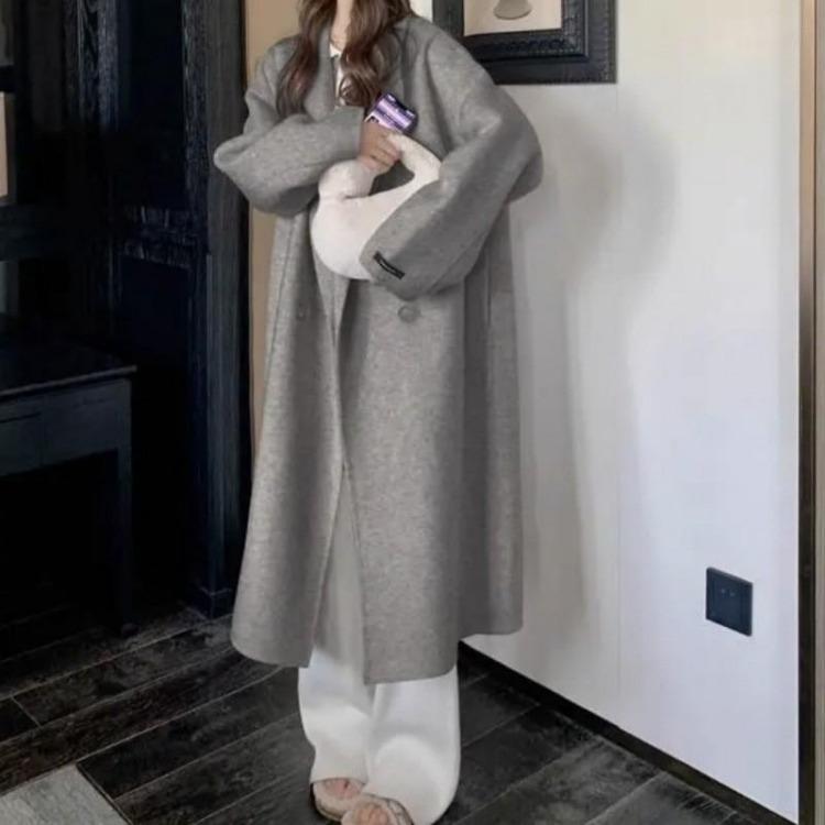 Korean Style Women Double Sided Oatmeal Color Coat Autumn Winter Loose Slimming Mid Length Quilted Jacket New S