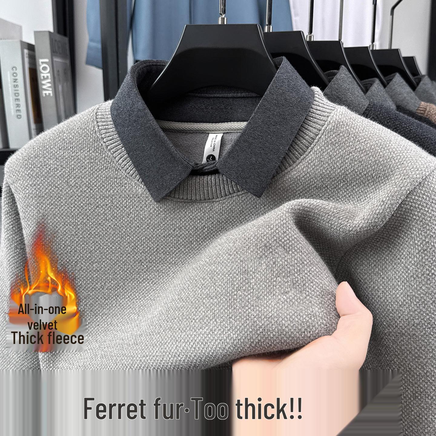 2025 Men s Autumn/Winter Long Sleeve Knit Shirt with Faux Two-Piece Design & Velvet-Lined Collar XL