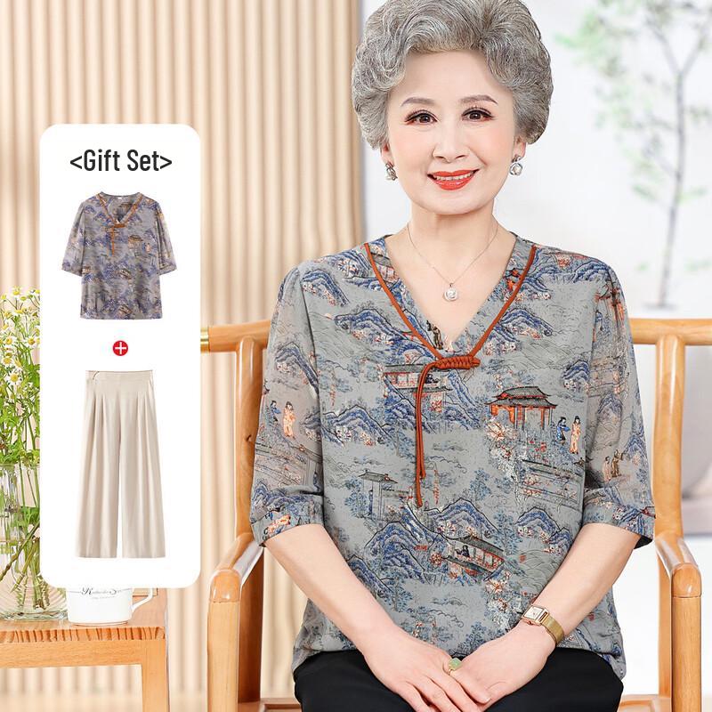 

Datang Madam Chinese Style Summer T-Shirt Set for Elderly Women 2XL