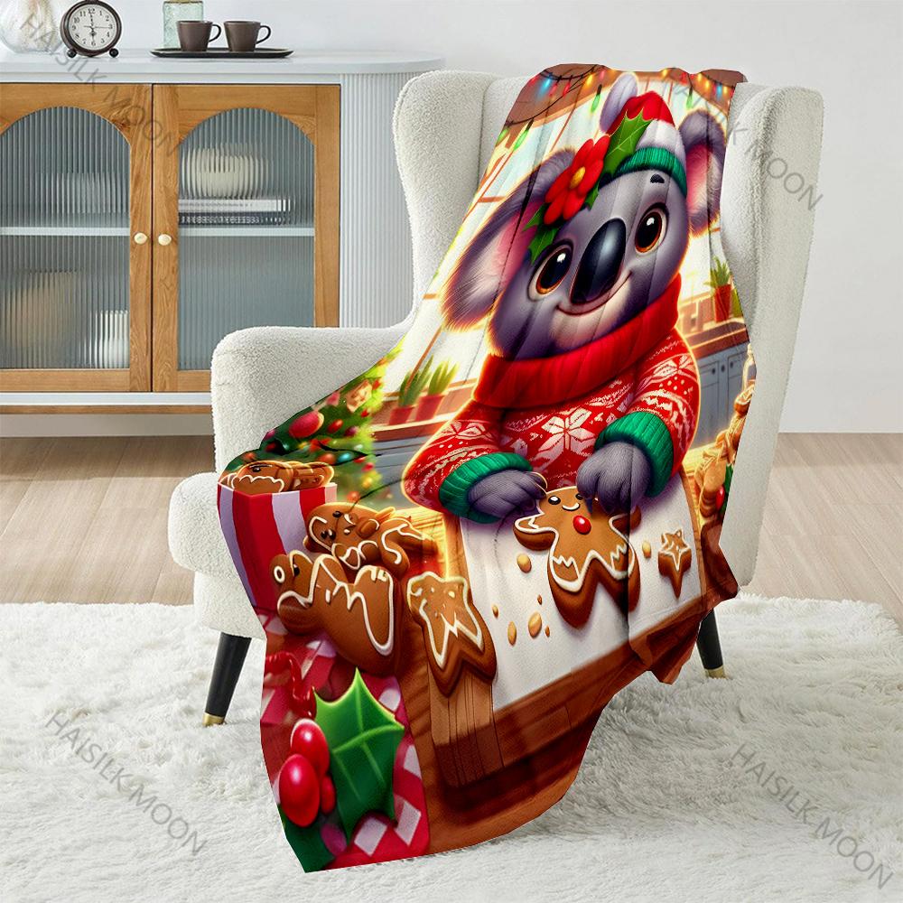 

Festive Koala with Gingerbread Pattern Blanket Flannel Material Soft Warm for All Seasons, Home Outdoor Camping Picnics RV 75x90cm