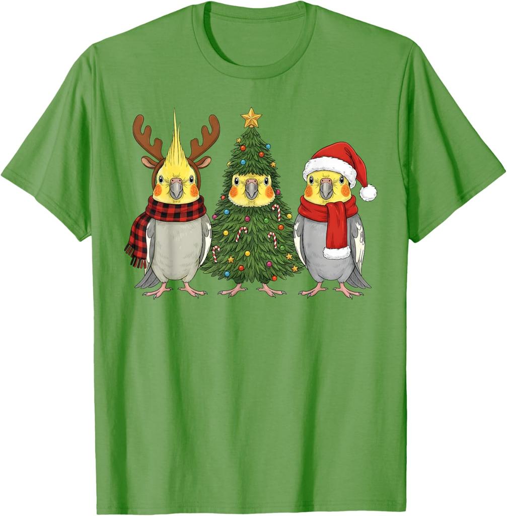 Funny Cockatiel Christmas T-Shirt Santa Reindeer Parrot Graphic Tee Unisex Casual Cotton Print
