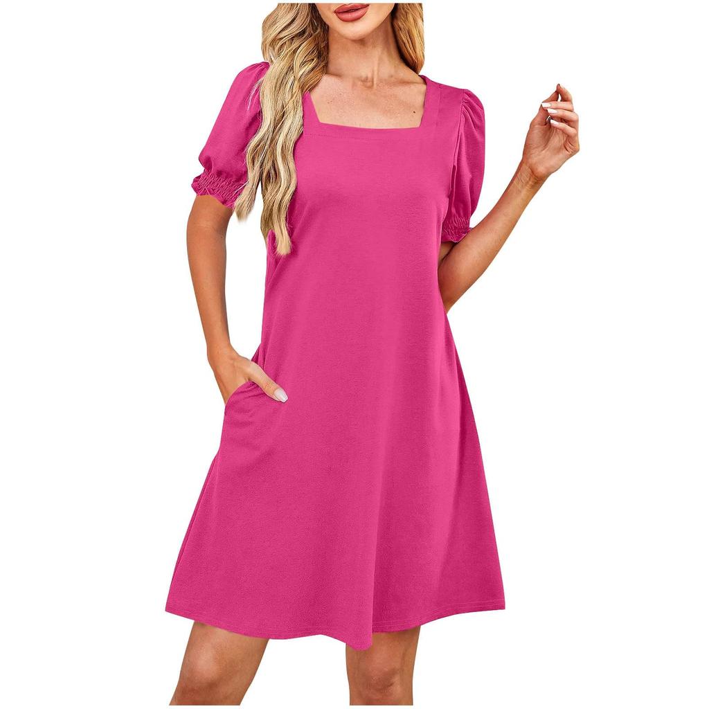 Damenmode Lässig Quadratischer Ausschnitt Farbe Kurzarm Kleid