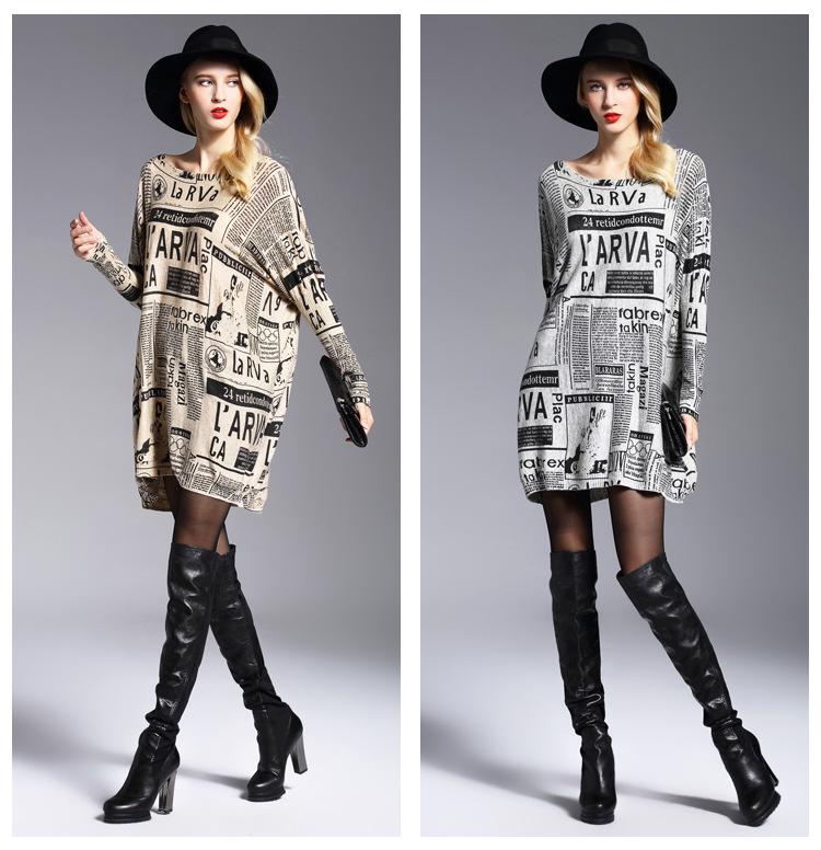 Autumn Plus Size Women's Newspaper Print Loose Knit Sweater