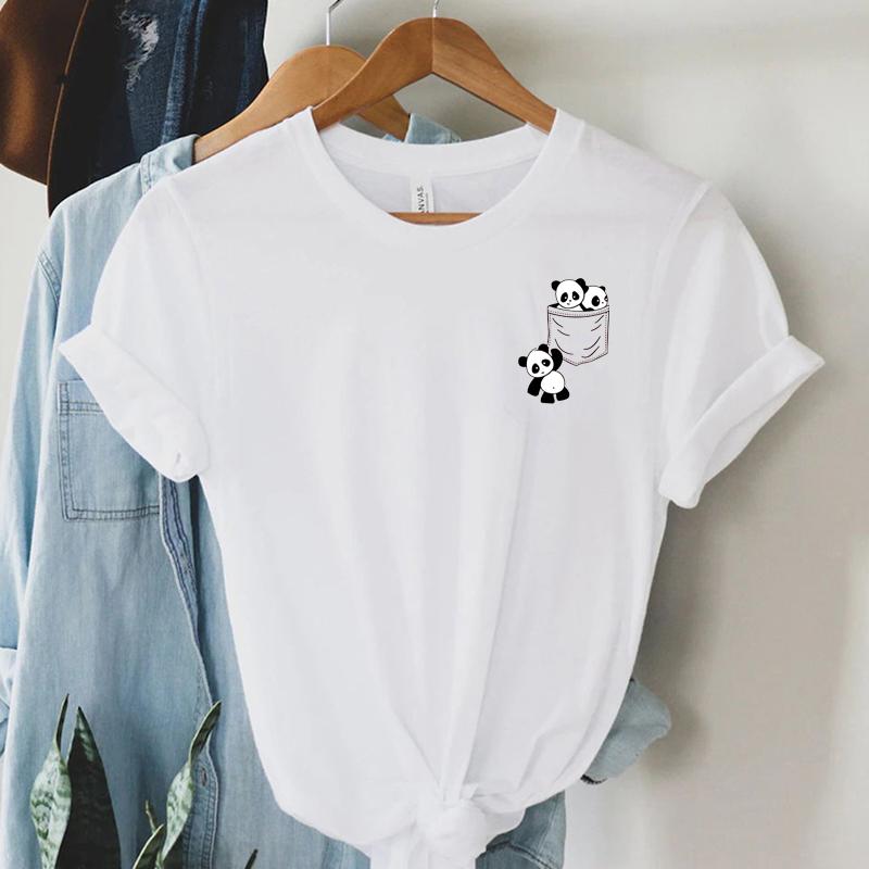 New Women Short Sleeve Top Summer New Pocket Panda Cartoon Printed T-shirt Korean Fashion Women Tops Loose Round Neck T Shirt