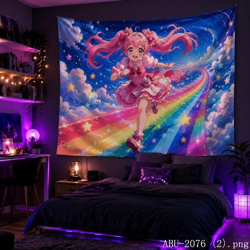 Pastel Rainbow Anime Girl Aesthetic Tapestry Pink Floral Sky Cartoon Wall Hanging Teen Dorm Bedroom Otaku Home Decor