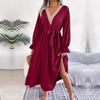 Dresses Solid Color Summer Women A Line V Neck High Waist Ruffle Edge Lace Up Spring