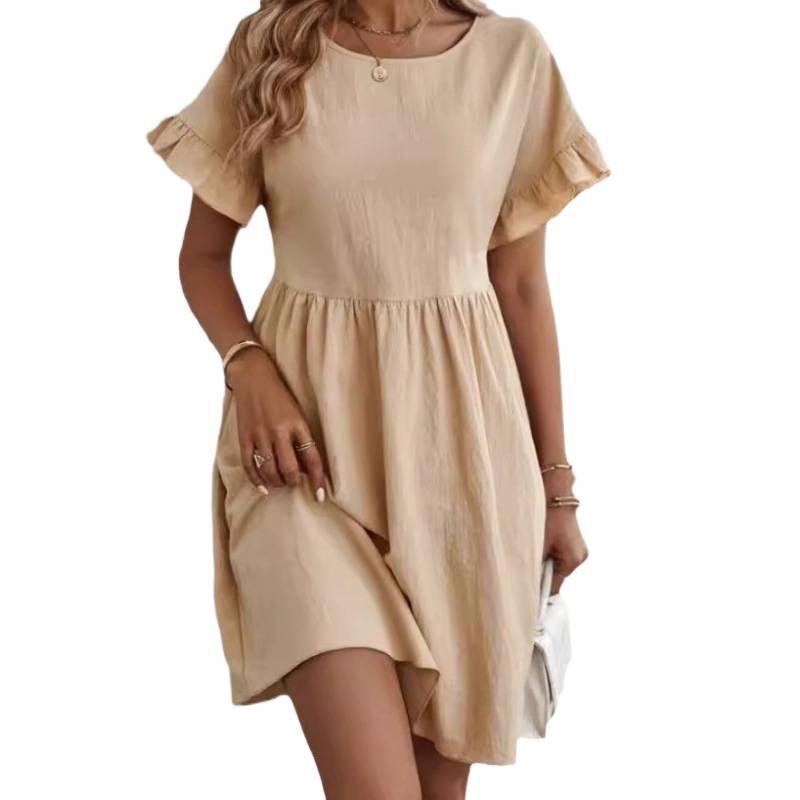 Ladies' Loose Cotton and Linen Skirt Dress with Round Neck and Pockets