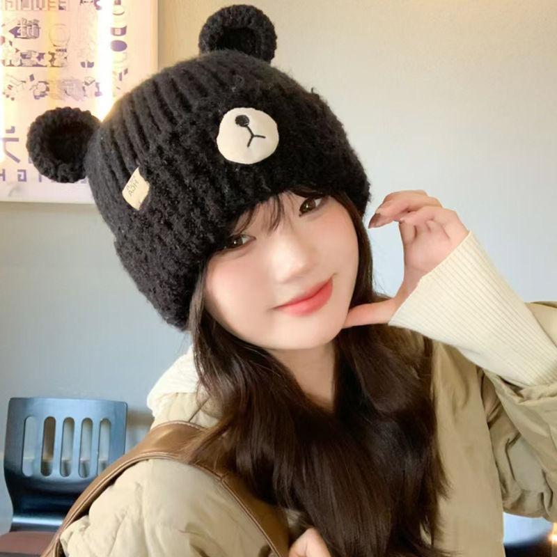 Autumn and Winter Bear Ear Ear Protection Hat Warm Bag Head Wool Hat Sweet and Cute Knitted Hat Student Versatile Hat Woman