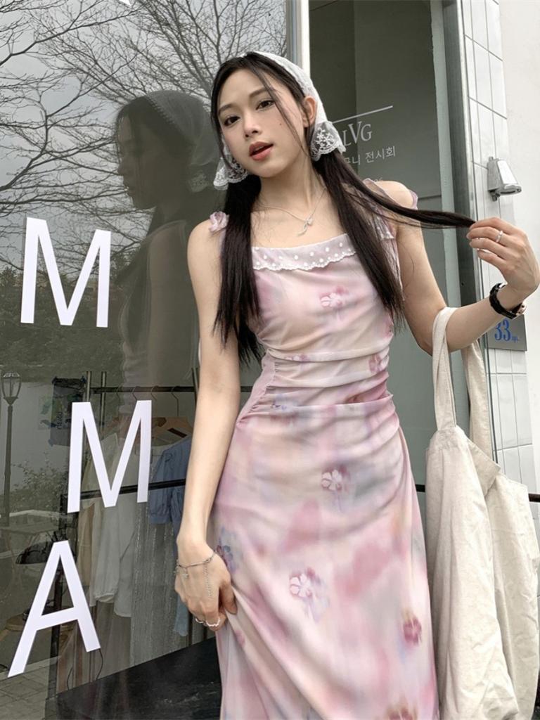 Three standards~ summer new Spice Girl splicing printing lace mesh lace suspender strap dress women's long dress