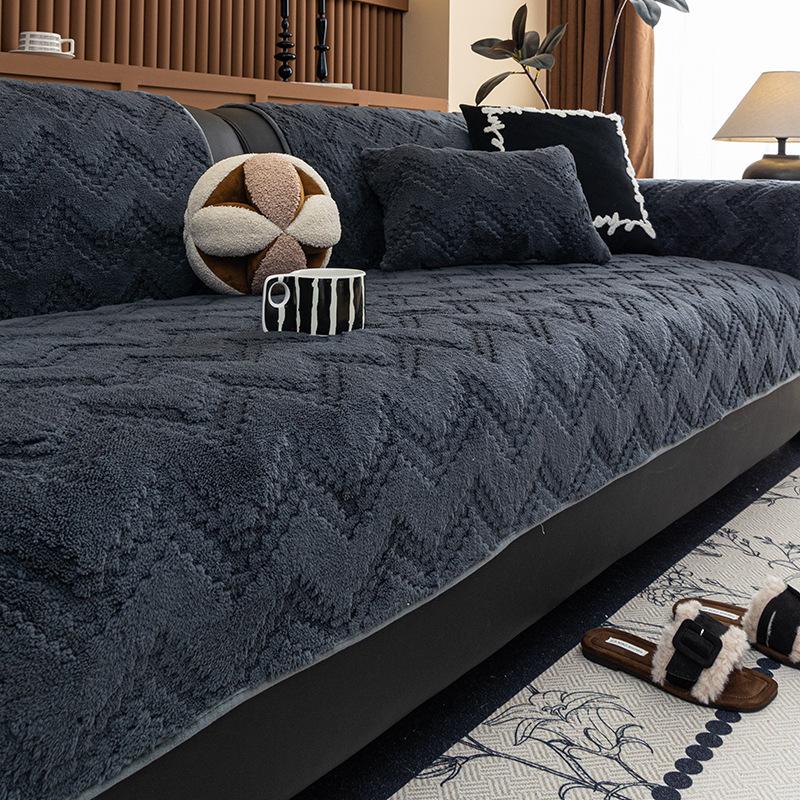 French Solid Wavy Jacquard Sofa Cushion Cozy Thick Plush Couch Slipcover For Living Room Soft Dustproof Anti-Slip Protector