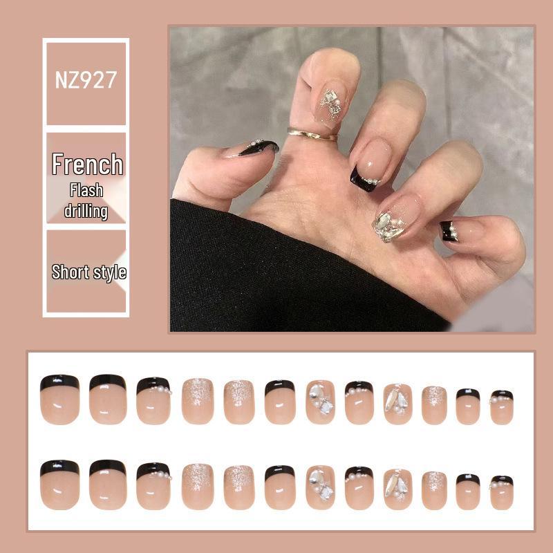 

Черные глиттерные жемчужные короткие накладные ногти френч с алмазным дизайном - Набор из 24 штук