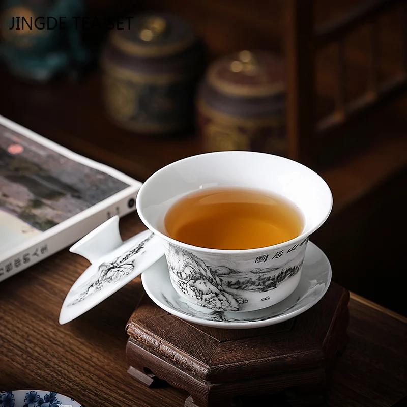 Chinese Blue And White Porcelain Gaiwan Portable Travel Tea Bowl Home Ceramic Teacup Handmade Teaware Personal Single Cup 140Ml