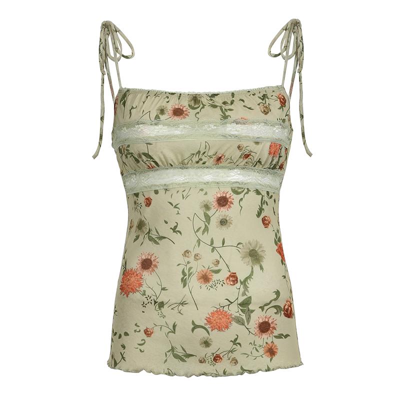 

Fairycore Винтажные Летние Майки Кружевные Вставки С Цветочным Принтом На Бретелях Эстетика Y2K Женские Топы Праздничные 2000-е Милые S зелёный