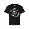 Skateboarder Graphic Tee With Circular Emblem Reading Driven By A Skateboard For