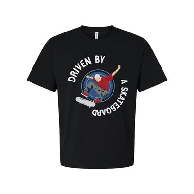 Skateboarder Graphic Tee With Circular Emblem Reading Driven By A Skateboard For