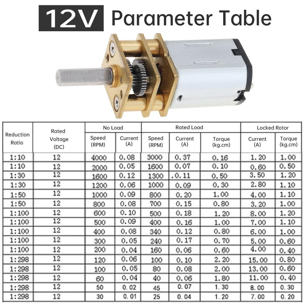 DC 12V N20 Mini Micro Metal Gear Motor, 78/100/200/300/600/1000 RPM