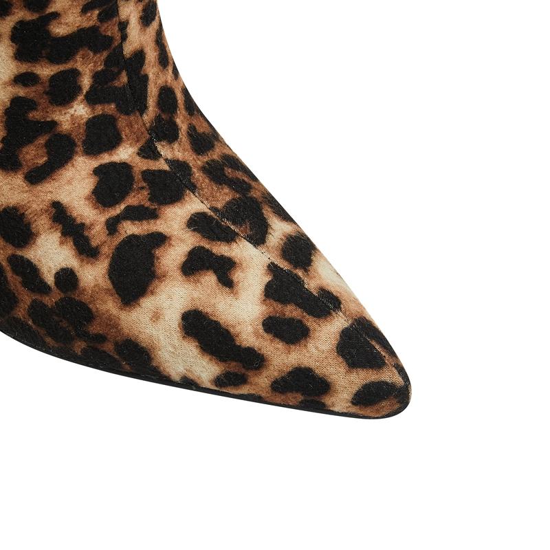 Fashion Kaky's New Leopard Print Pointed Toe High Heel Wolf Teeth Slope Heel Large Women's Boots Short Boots