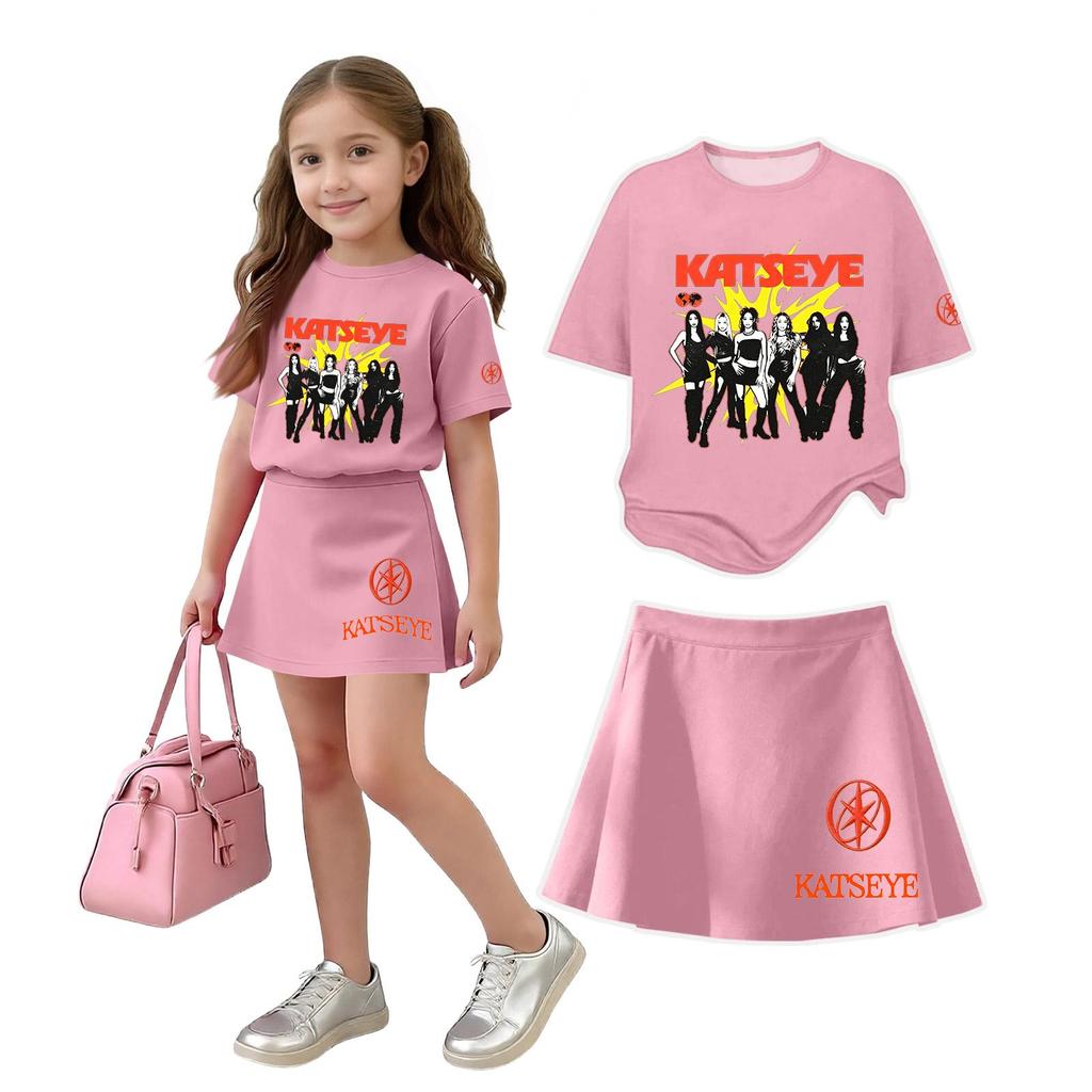 Girls Casual Loose Fit Short Sleeve Crew Neck T-Shirt and Skirt Set Lightweight Comfortable Soft Fabric Suitable for Everyday Wear
