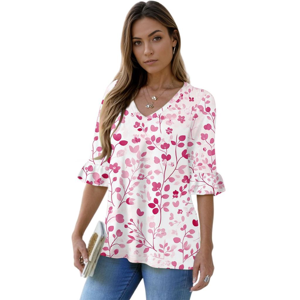 Women's Casual 3/4 Sleeve Tops V-Neck Sleeve T-Shirt Floral Print Tops