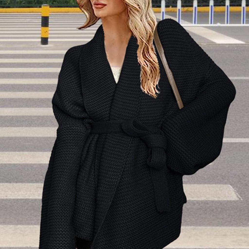 Women's Jacket Short Casual Lapel Waist Strap Solid Color Knitted Cardigan Sweater Jacket Knit Long Cardigan