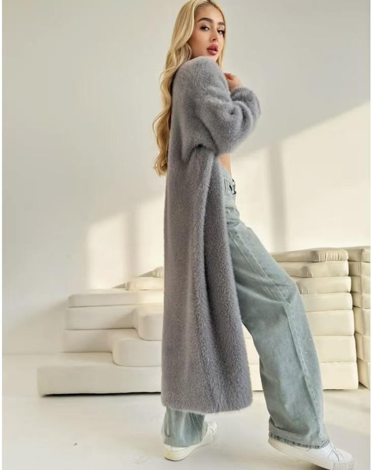 White Mink Velvet Loose Knit Cardigan Sweater - Women's Solid Color Spring & Autumn Outerwear