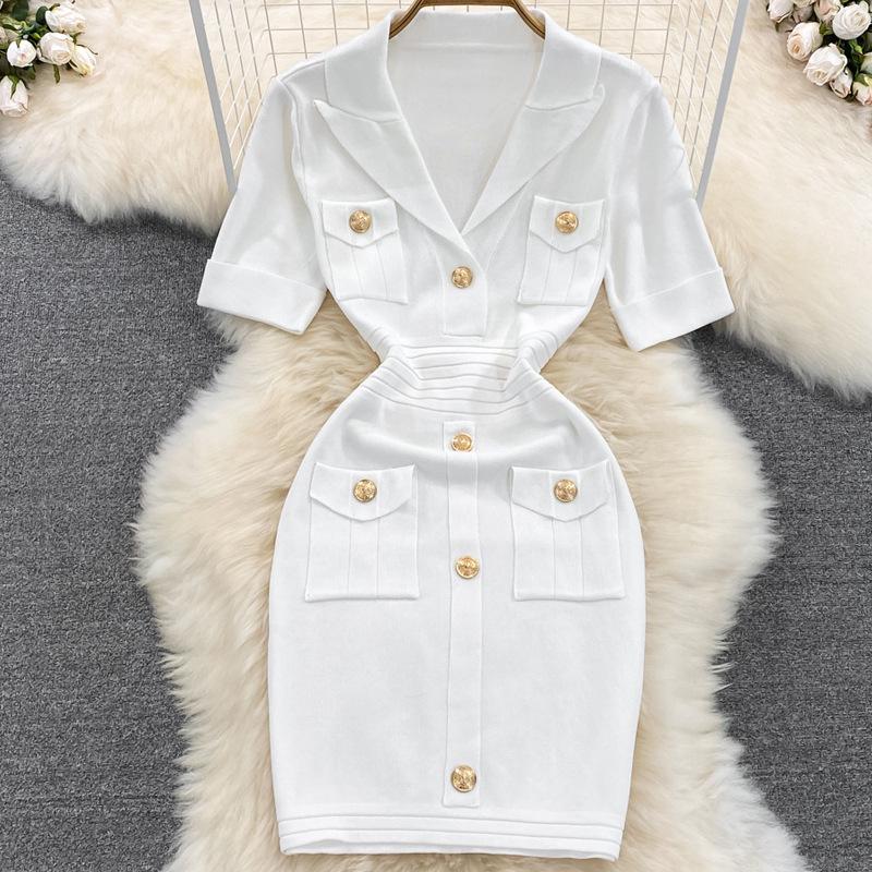 Women's Summer Knit Polo Collar Dress with Metal Buckle & Pockets - White, High-Quality Designer