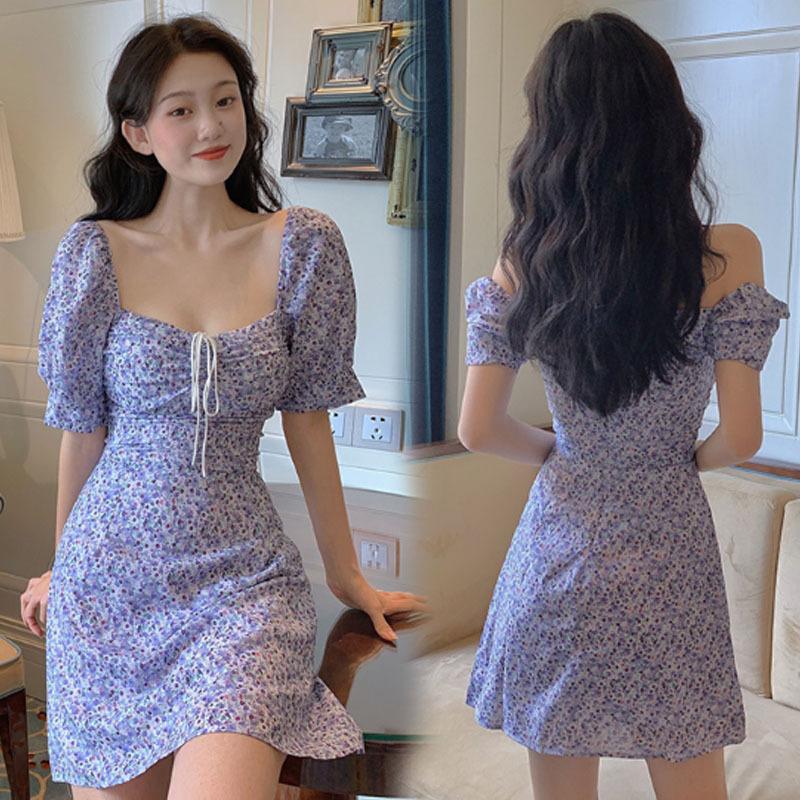 2026 summer new short-sleeved chiffon retro bubble sleeve square collar collarbone dress girl style new Chinese style