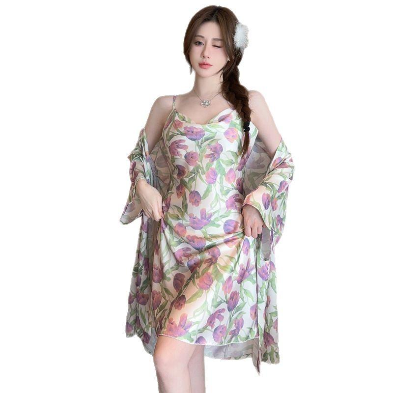 Spring and Summer Ice Silk Nightgown Sexy Suspender Women's Pajamas Thin Nightgown Printed Homewear Bathrobe Two-piece Set