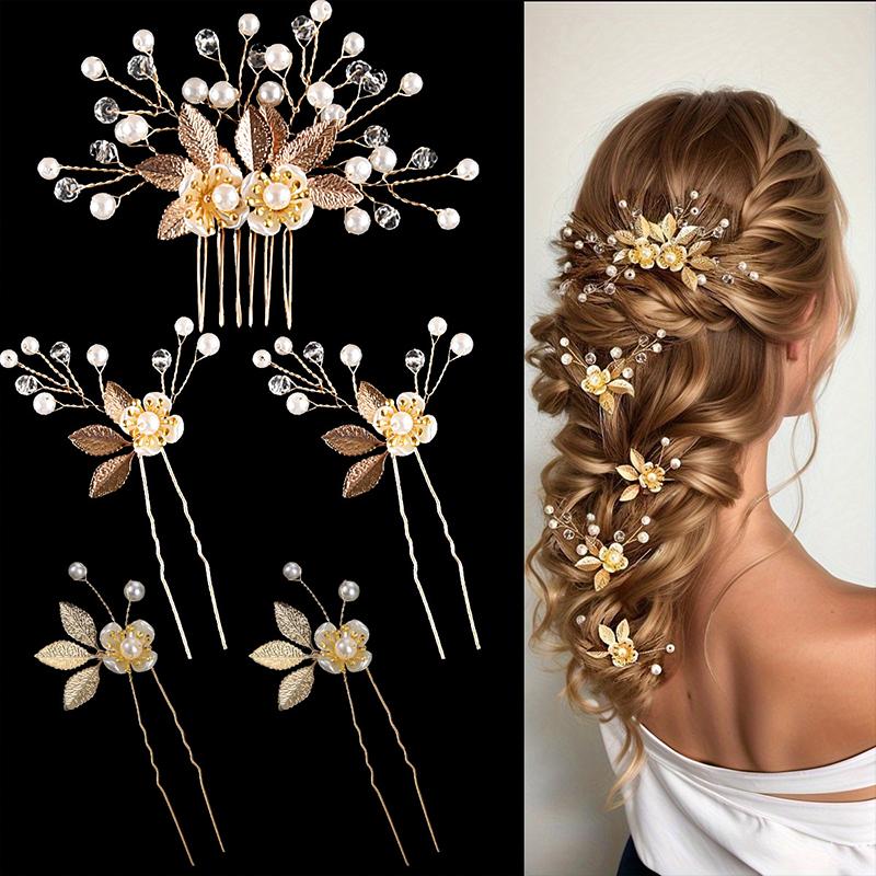 5PC Pearl Floral Ornament Leaf Vintage Gold Retro 5-Pack Exquisite Hair Clips Fairy Hair Forks Elegant